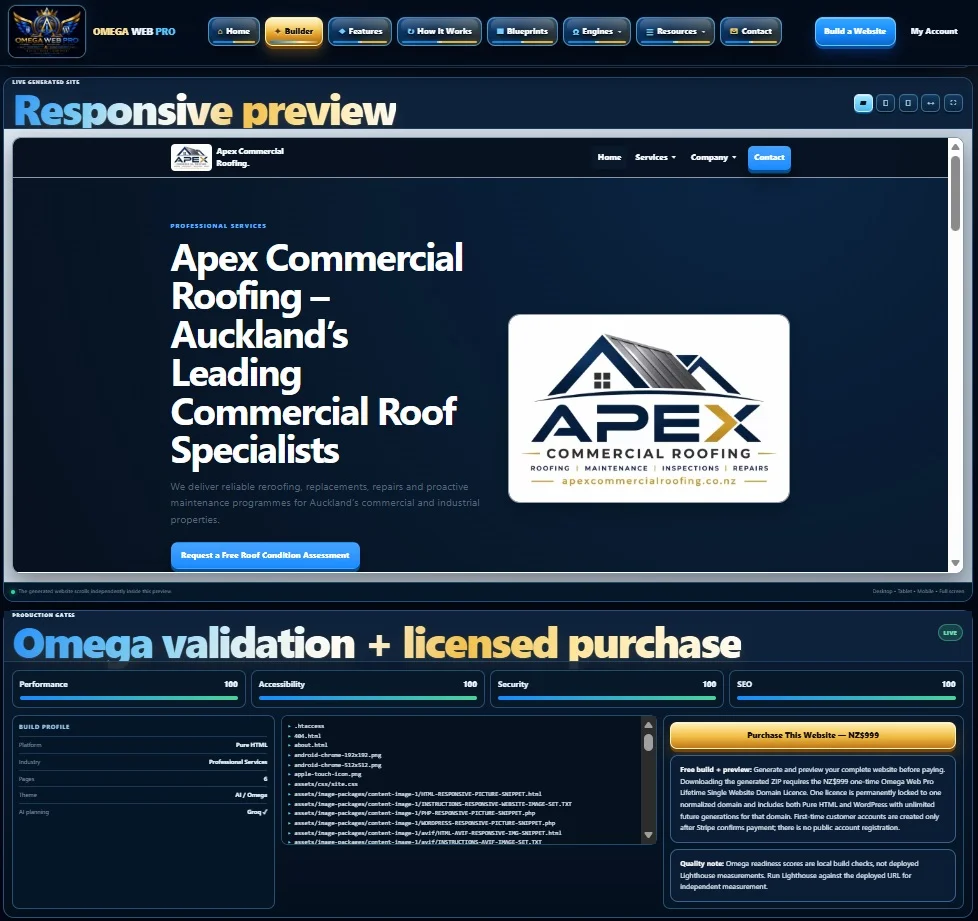 Real Omega Web Pro Builder preview interface