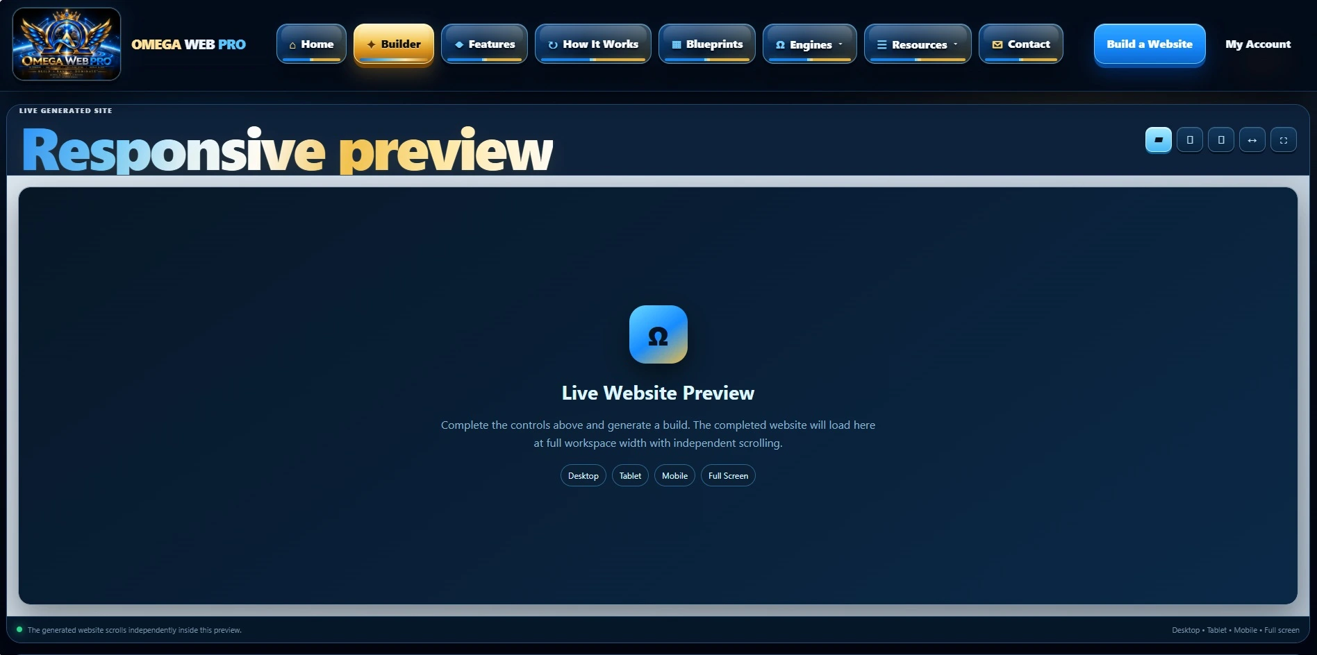 Real Omega Web Pro Builder responsive preview interface