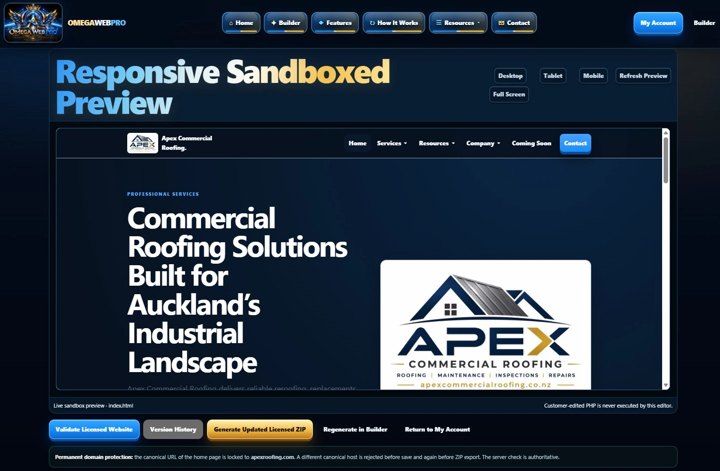 Real Omega Web Pro responsive sandboxed website preview